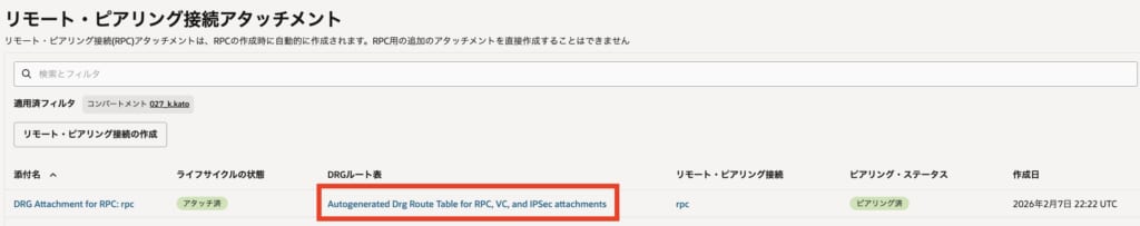 RPCアタッチメントの設定画面で、専用のルート表が割り当てられていることを確認している図。