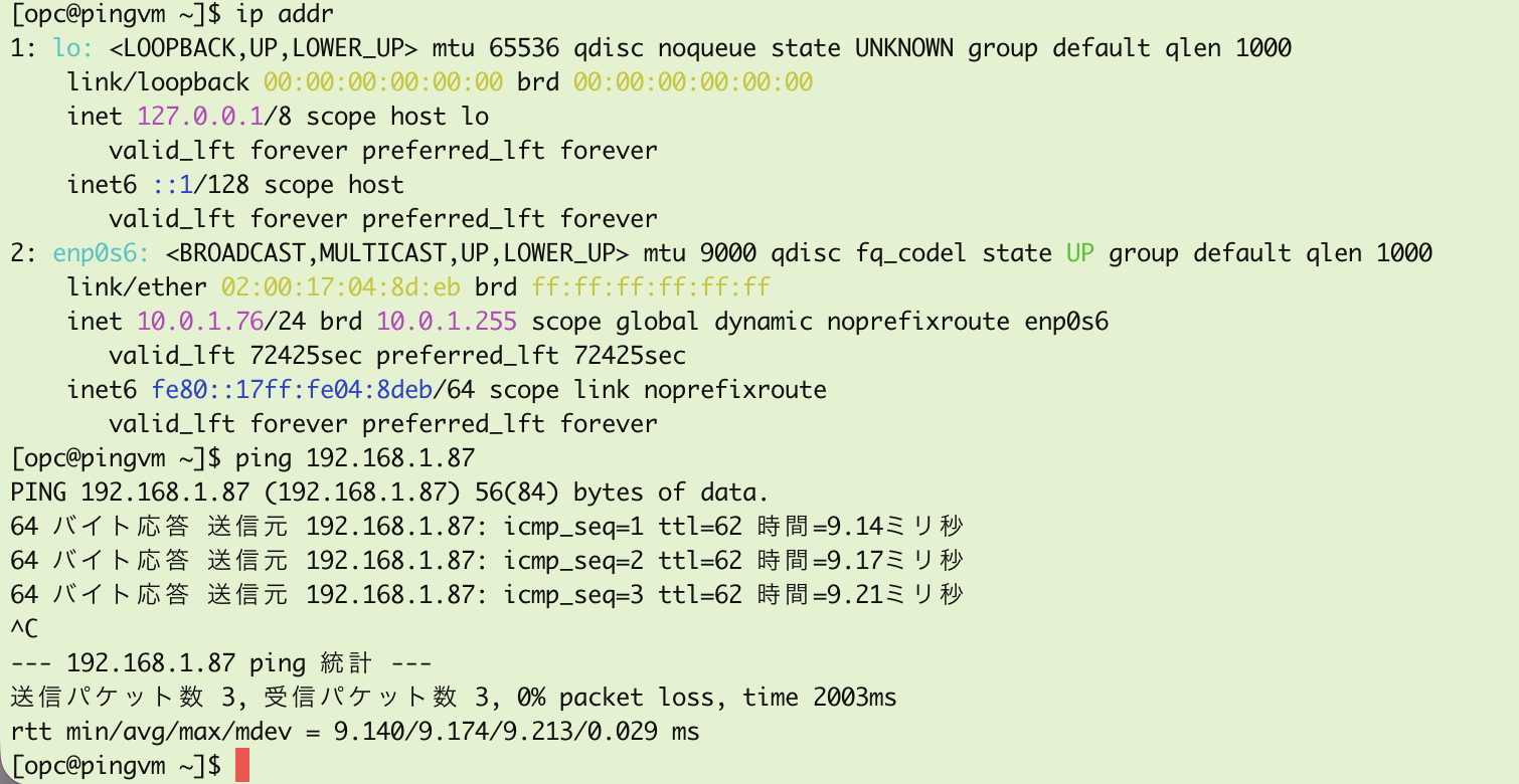 東京側のpingvmからテナンシの異なる大阪側のVMに対して、リモートピアリング接続によってpingが通っていることがわかるターミナルのスクリーンショット